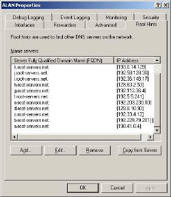 DNS Root Hints, Server tab