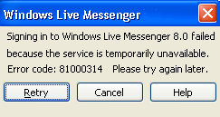 MSN Messenger 8.0 Error Code - 81000314