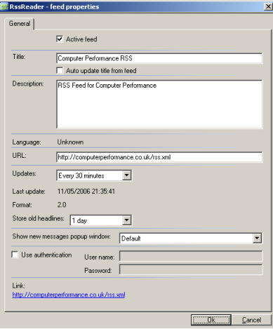 RSS configure Feed Properties: frequency for 'Updates' and 'Store old headlines'.